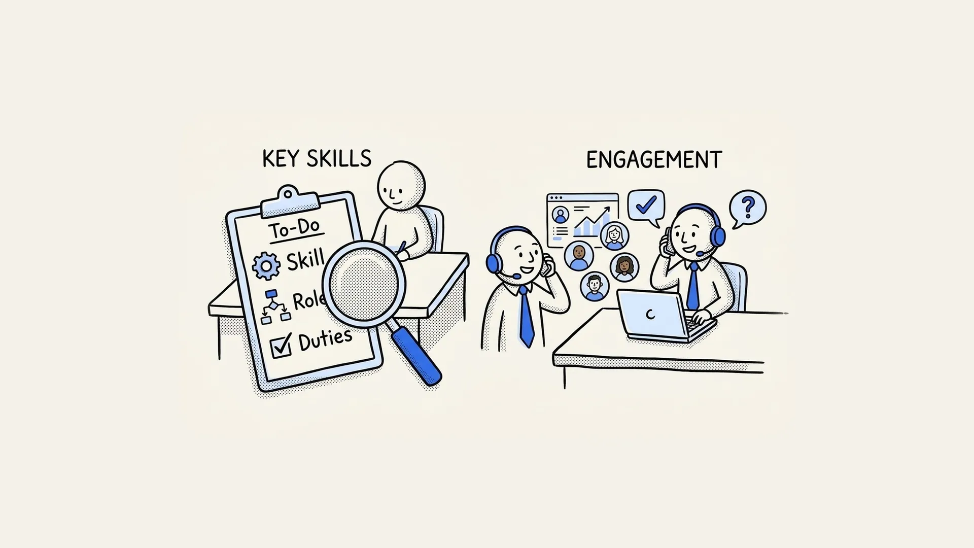 Hand-drawn illustration of a customer success associate's key skills checklist and a rep engaging customers on a headset.