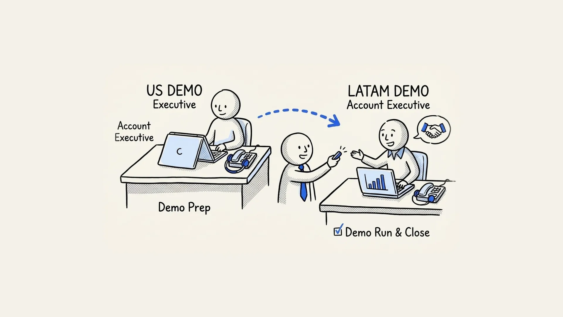 Hand-drawn illustration of a US account executive preparing a demo and a LATAM account executive running the demo and closing.