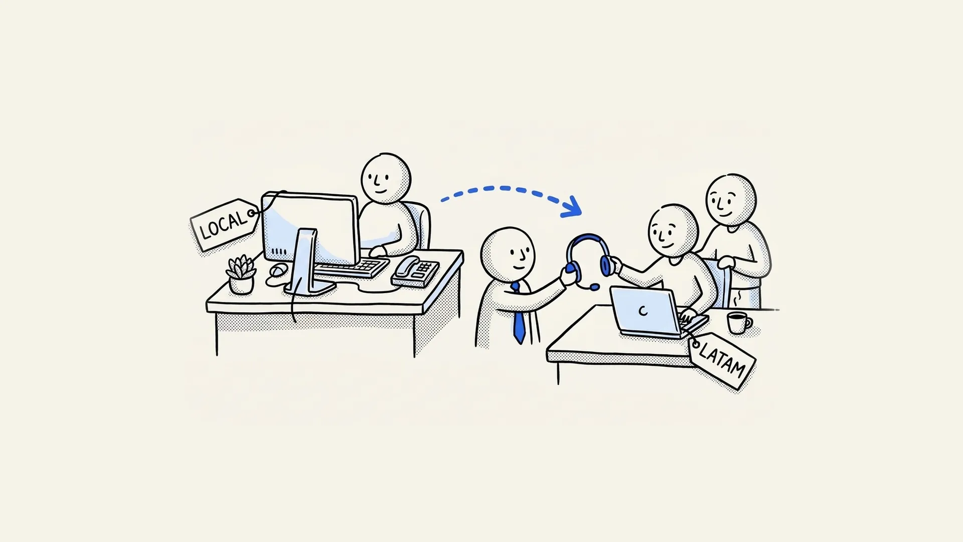 Hand-drawn illustration of a local support desk handing work to a customer support rep in Latin America with a headset.