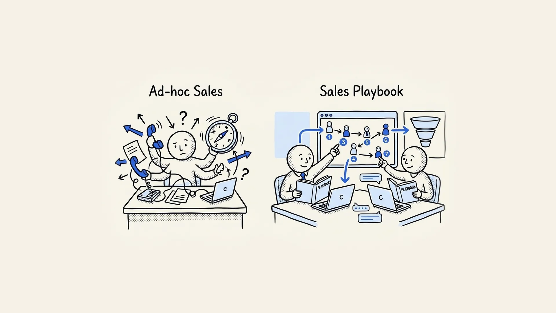 Hand-drawn contrast between chaotic ad hoc selling and a remote team working from a shared sales playbook.