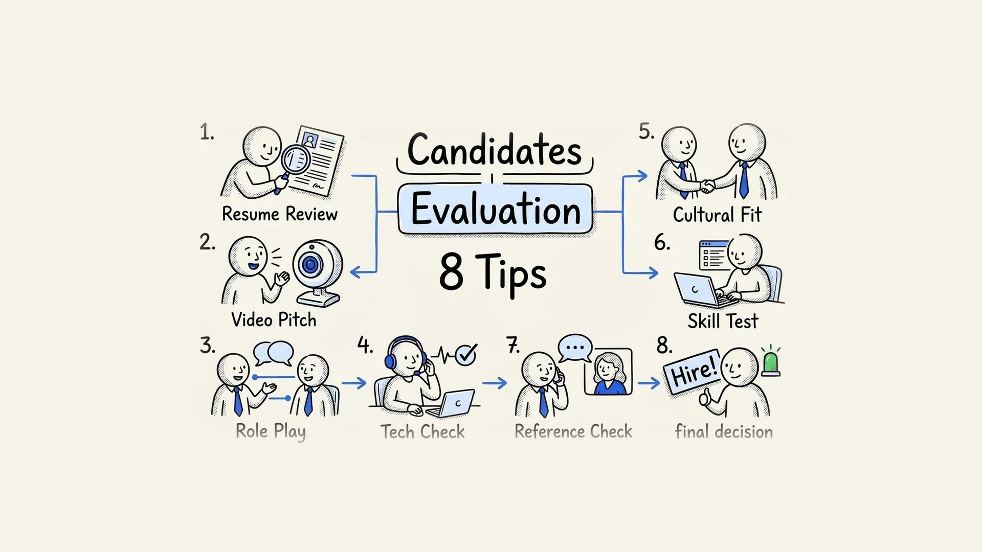 Hand-drawn diagram of 8 steps to evaluate remote candidates, from resume review to the final hiring decision.