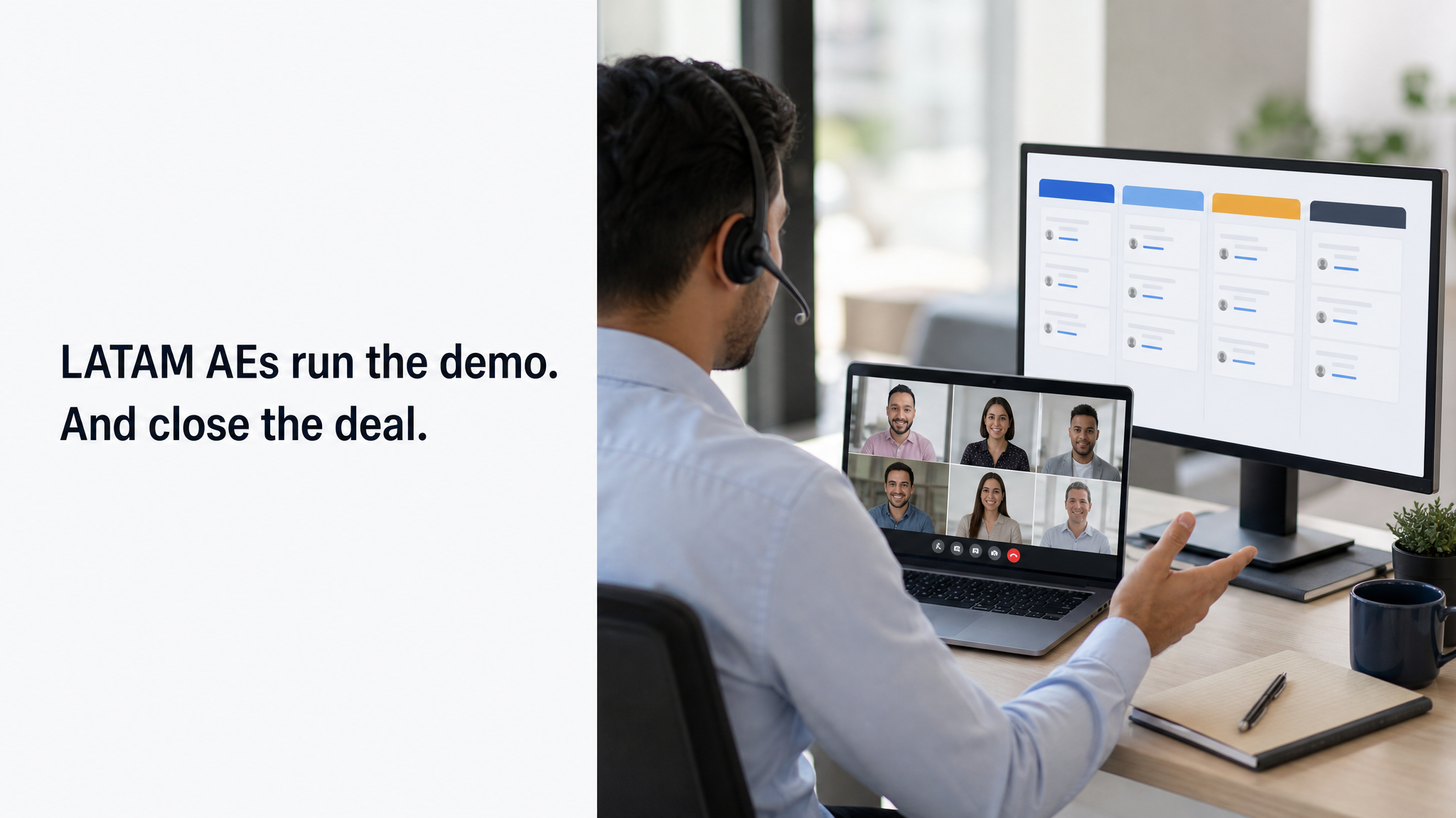 An account executive wearing a headset runs a product demo on a video call, with a CRM pipeline board on a second monitor