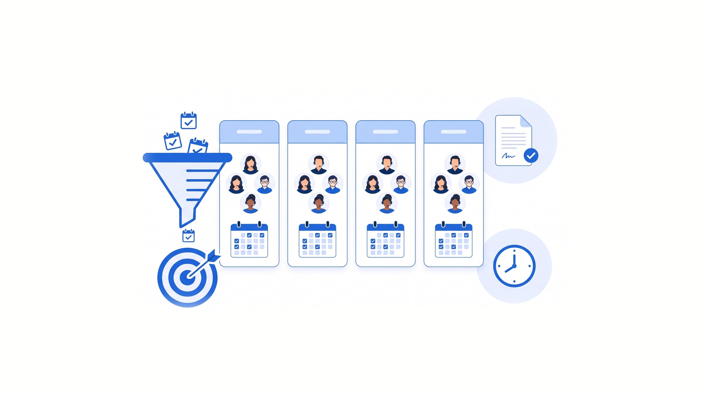 Illustration of 4 outsourced SDR teams side by side, each with reps and a meeting calendar, next to a sales funnel, a target, a signed contract and a clock.