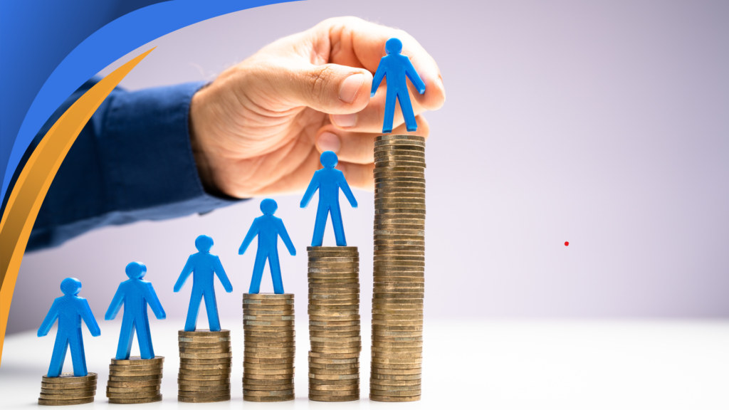 Hand placing figures on rising stacks of coins, representing salary growth