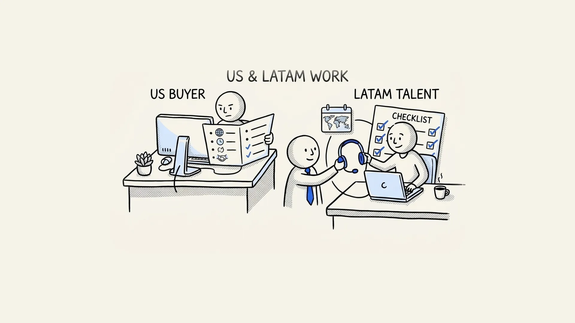 Hand-drawn illustration of a US buyer reviewing a tools checklist with LATAM talent who already work in those tools.