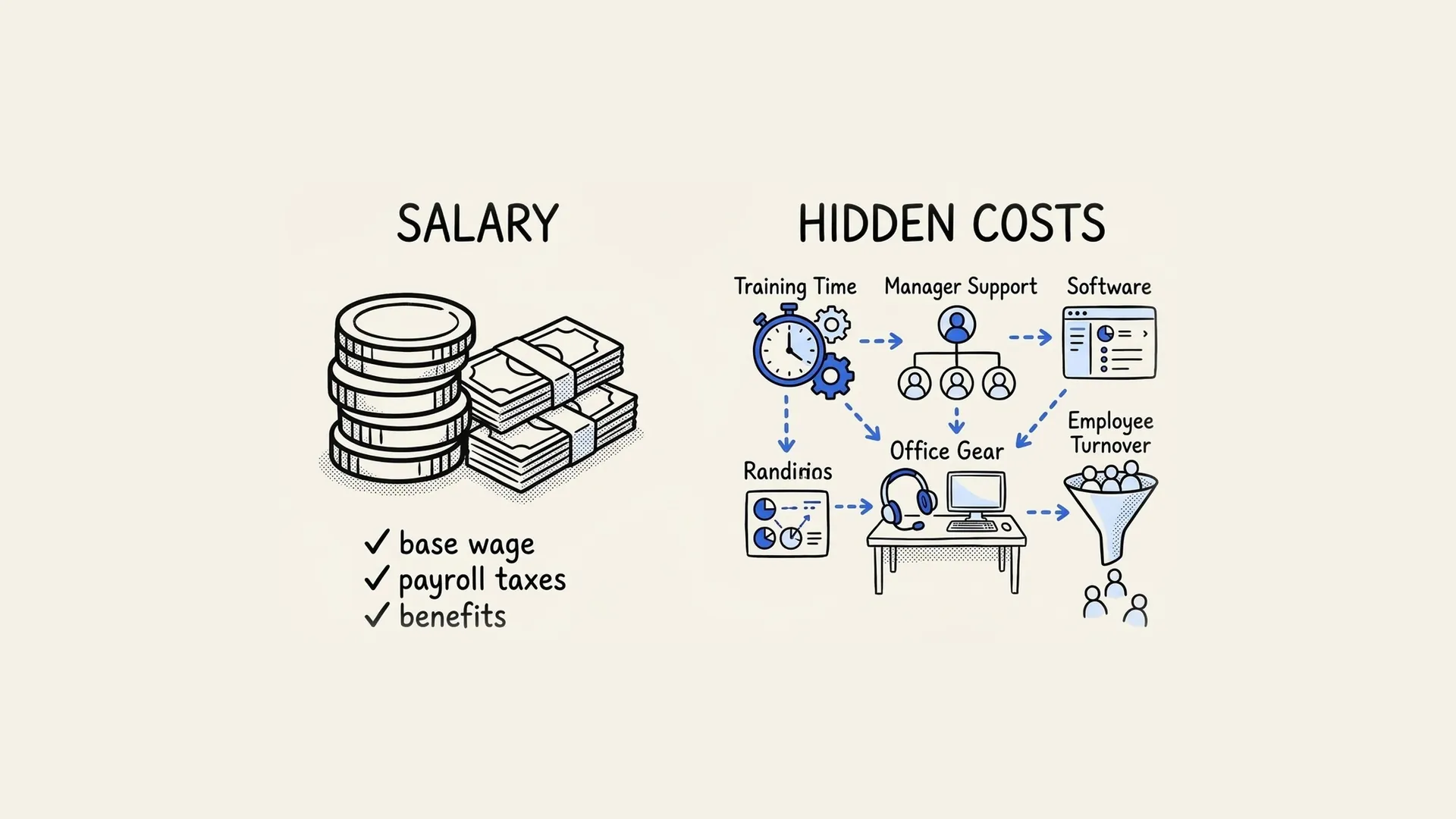 Hand-drawn illustration of salary as the visible cost of a customer service team and hidden costs like training, software and turnover.