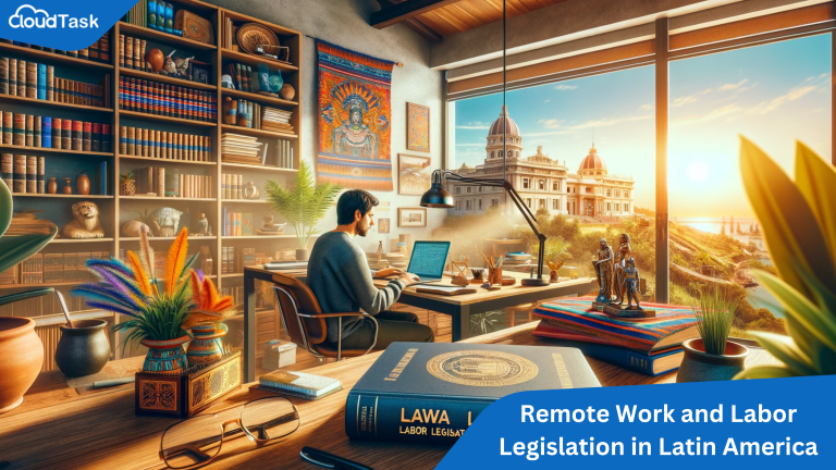 The image encapsulates the modern remote work environment, showcasing a home office setup blended with elements of Latin American culture and legal documents, symbolizing the integration of new teleworking regulations and practices.