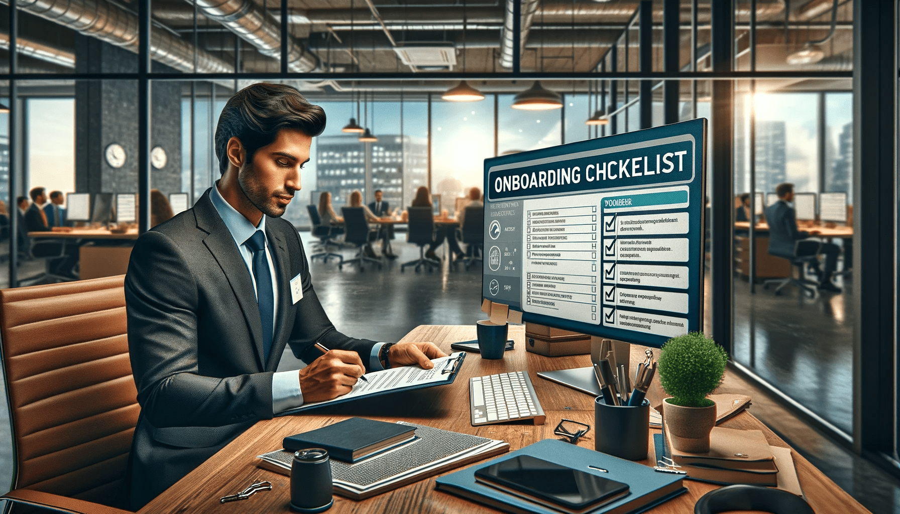An image depicting hr professionals with an onboarding checklist during the onboarding process